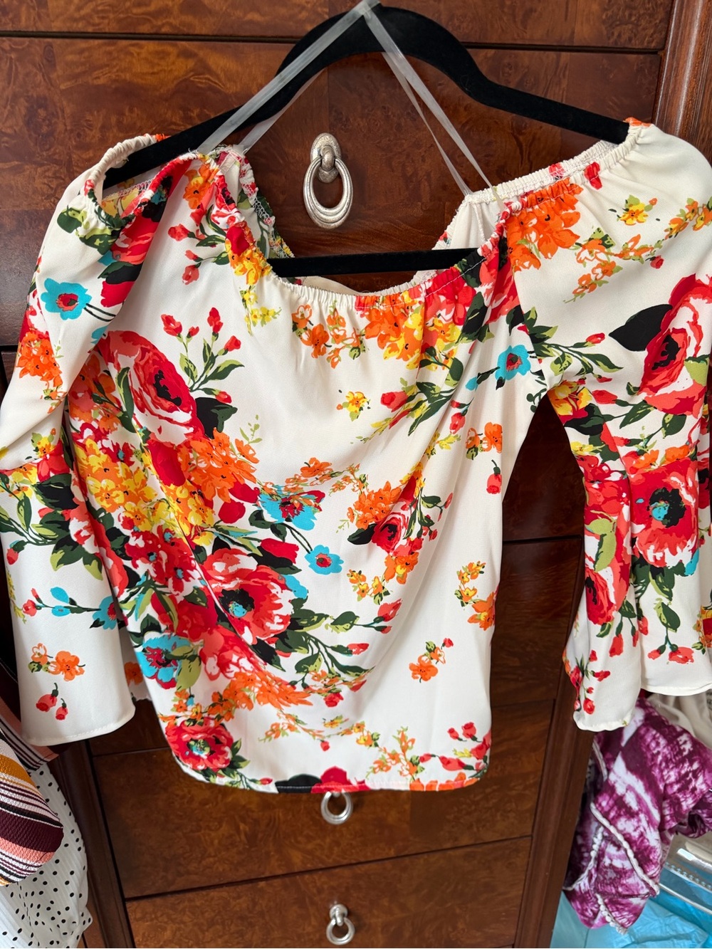 Floral Off-Shoulder Peasant Top - White with Red & Orange Blooms